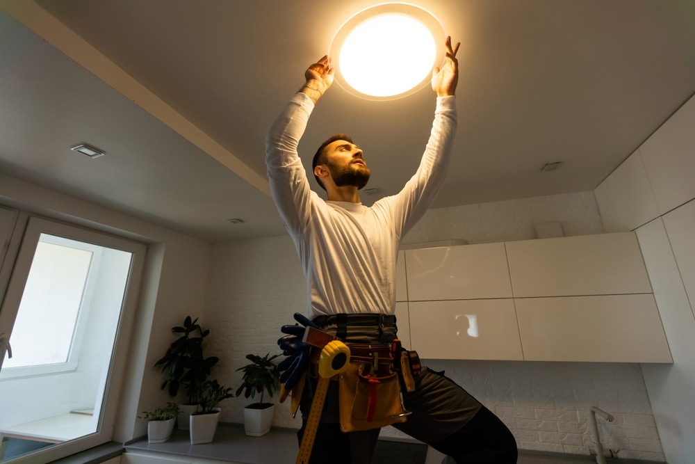 Electrician,Worker,Installation,Electric,Lamps,Light,Inside,Apartment.,Construction,Decoration